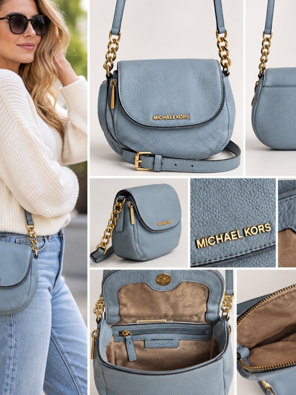 Michael Kors Bedford Blue Pebbled Leather Flap Crossbody Bag Gold Chain